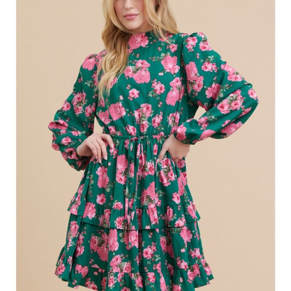 Flower Print, Mock Neck Dress - Picture 2 of 3